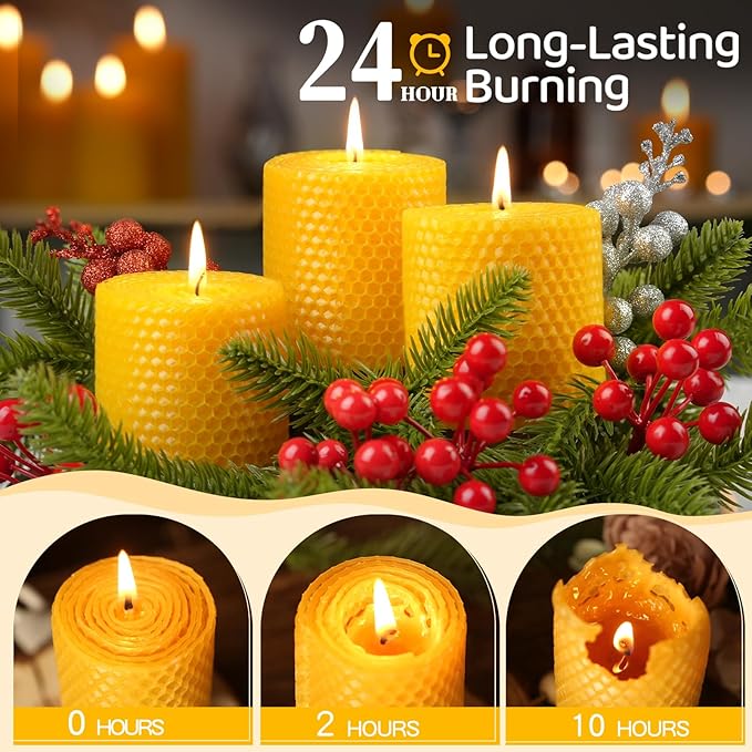 Hand-Rolled Beeswax Candles,2.8x3in-6PCS,All Natural Honeycomb Beeswax Pillar Candles,144 Hours Long Burning Bees Wax Candles for Home,Dripless Smokeless Unscented Honeycomb Pillar Candle