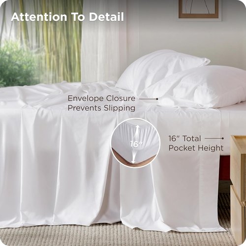 Bedsure Queen Sheet Set - Cooling Bamboo Sheets for Hot Sleepers | Soft, Breathable, Deep Pocket, White