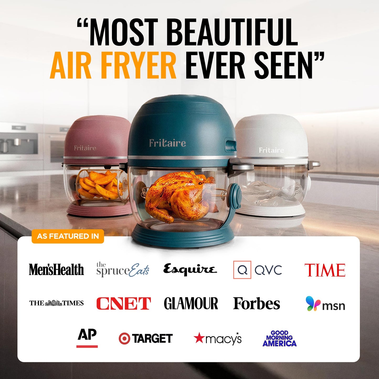 Non Toxic Air Fryer™ Pro | 9-in-1 Glass Air Fryer | Self-Cleaning | 5 Quart | Rotisserie and Tumbler | 400F Vortex For Even Cooking, BPA-Free Teflon Free, Recrisp, Roast, Bake, White