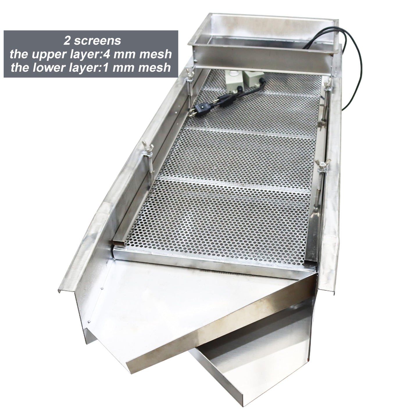 TECHTONGDA Straight Vibrating Sieve Screen Shaker Electric Linear Sifter Machine Stainless Steel Two Layers Two Motors 4mm 1mm Screen Size 15.7×37.4inch 110V
