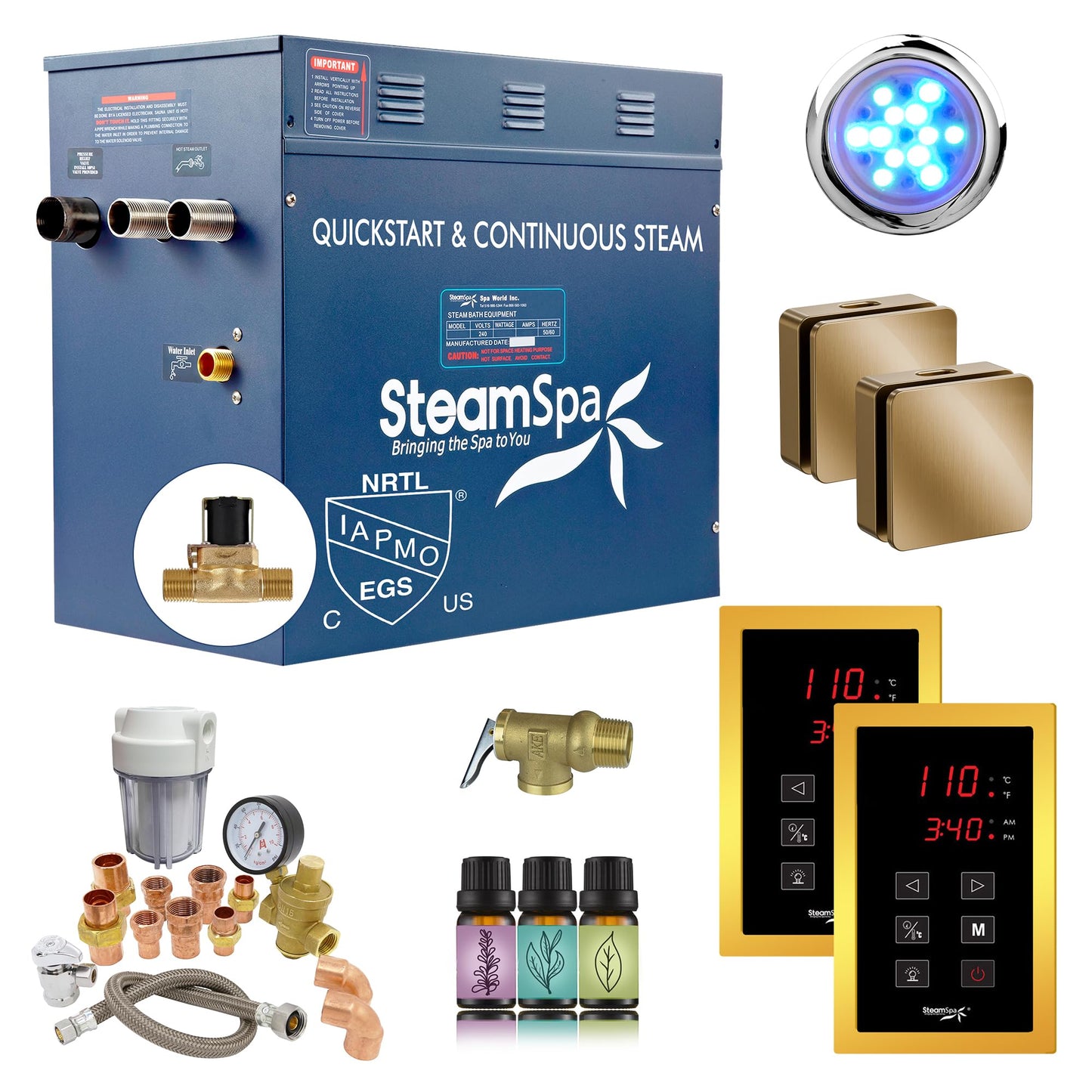 SteamSpa Steam System 10.5kW Steam Generator with Quickstart Continuous Steam, Dual Touch Pads, Auto Drain, Chroma Light, Aroma Steamheads, Install Kit & Filter in Gold EXTS1050GD-A