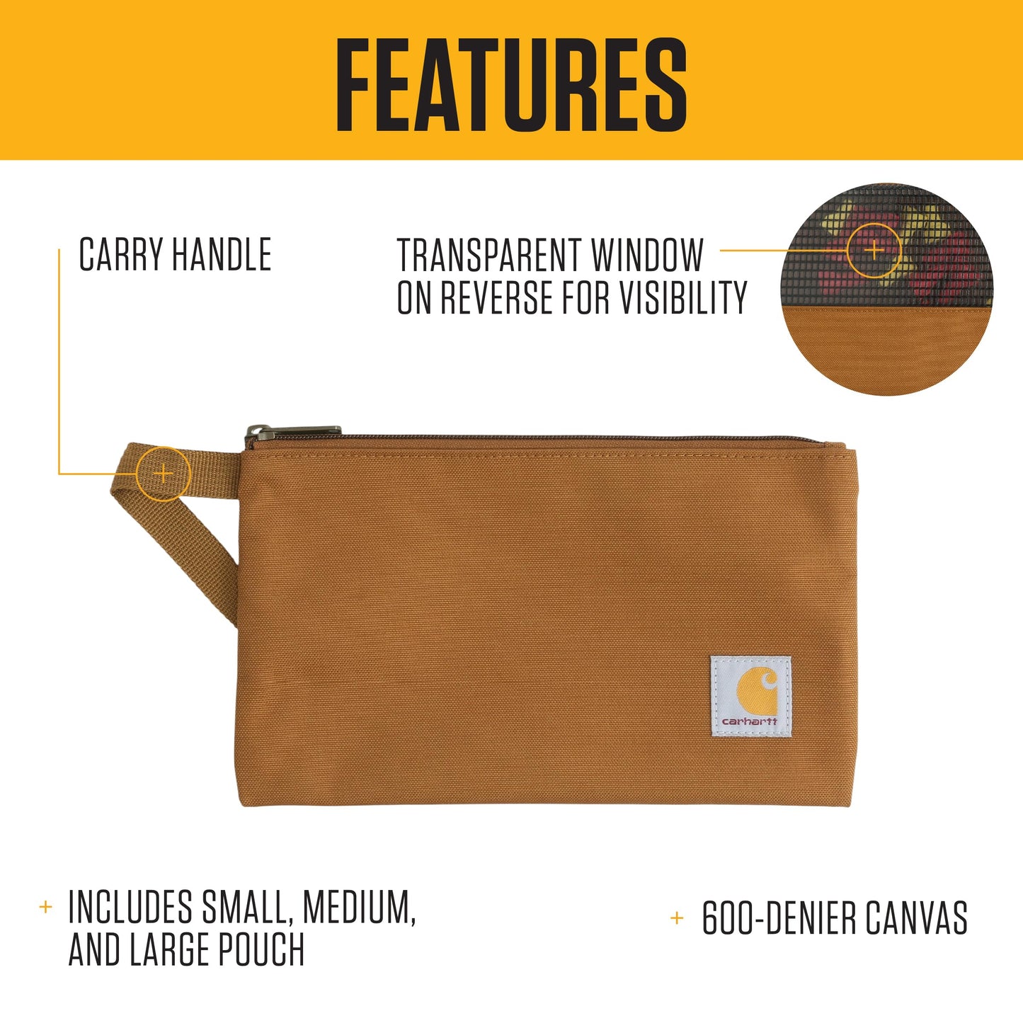 Carhartt Utility Zipper Pouch Set, Durable Water Repellent Organizers Sold in Sets of Three, Carhartt Brown/Black/Greenstone