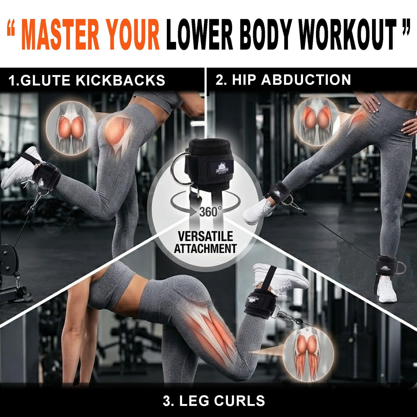 Sliding D-ring Ankle Straps for Cable Machine, Stirrup Style Leg Cuffs with Under-Foot Strap, Long-lasting Non-slip Glute Kickback Attachments for Women Men