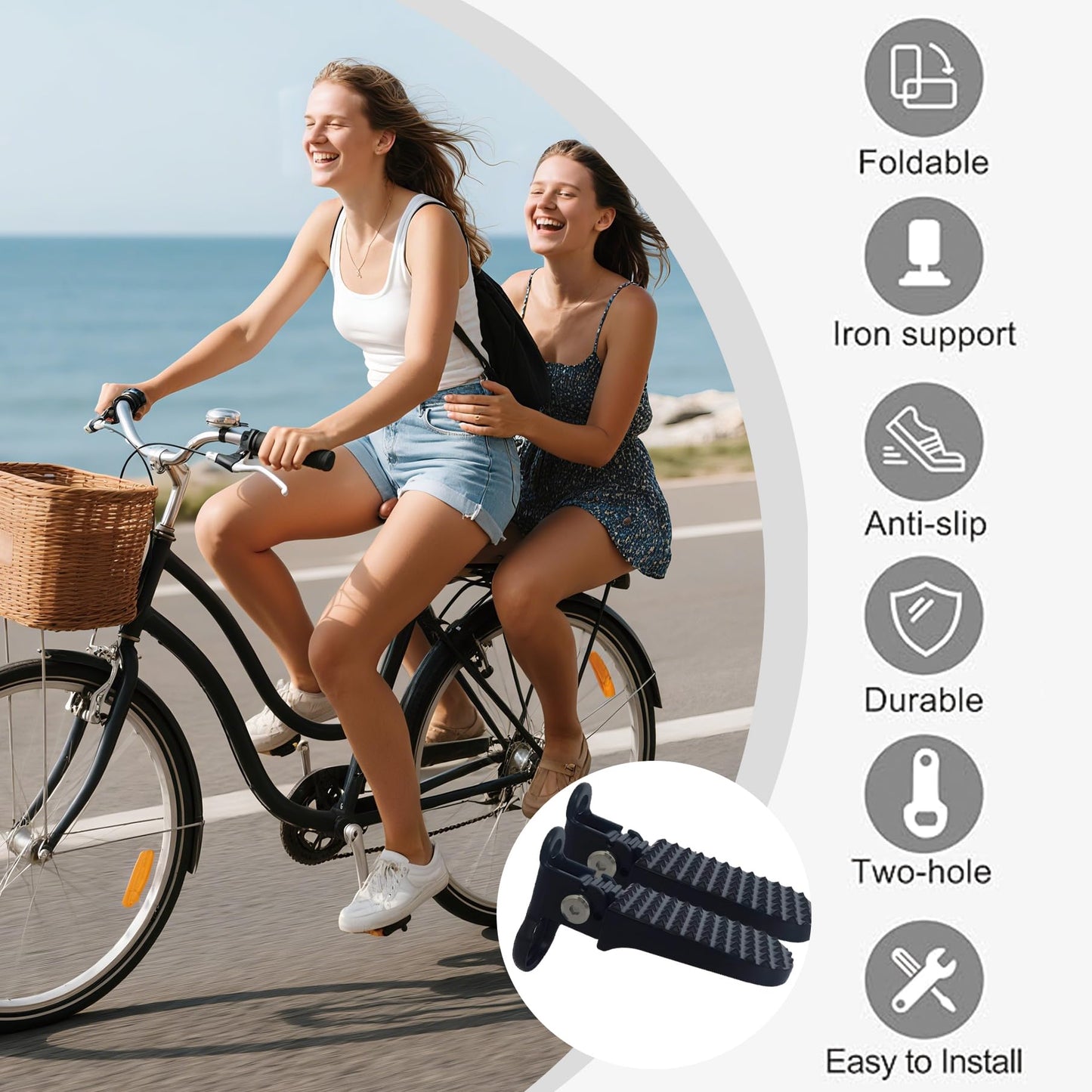 2PCS Foldable Bike Pegs – Round Hole Rear Pedals for E-Bike, Mountain Bike & Folding Bicycle – Non-Slip, Durable & Space-Saving (Black)