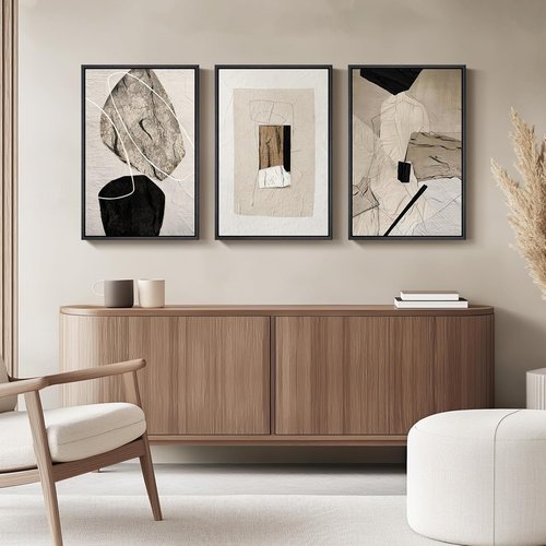 Framed Neutral Abstract Wall Art Set by [Brand Name] - Modern Canvas Prints for Living Room | 16x24 Inch Minimalist Black and Beige Decor