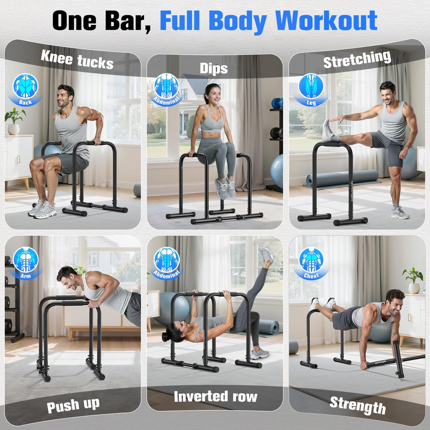 SPORTSROYALS DP3 Dip Station Adjustable Dip Bar, Heavy Duty Parallette & Parallel Bars, 400LBS Stable Dip Stands for Home Gym, Calisthenics & Upper Body Workout Equipment