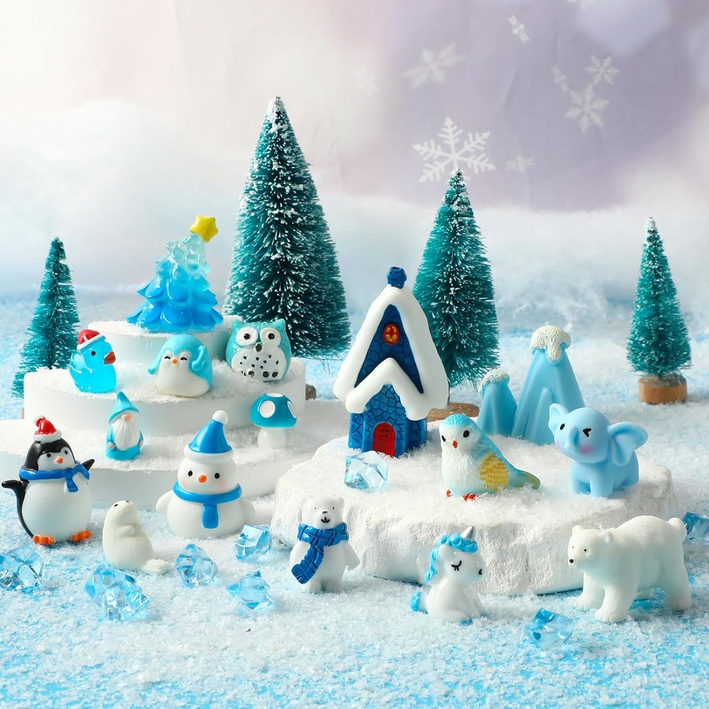 PETKNOWS Miniature Winter Figurines - Blue Theme Ice Cube Ornaments for Christmas Desktop Decor