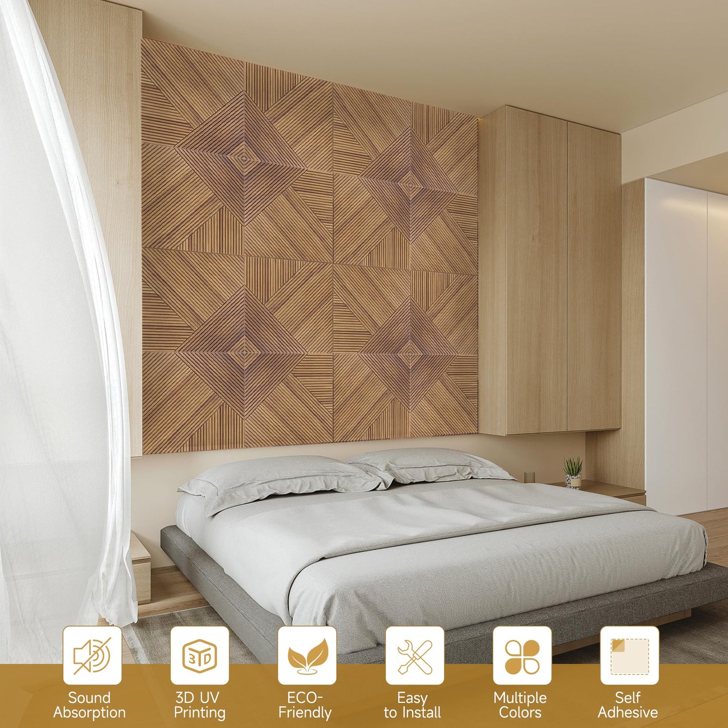 Autorific Acoustic Wall Panels,6 Pack Total Size 72 x 48 Inches,Self-Adhesive Decorative Acoustic Panels for Wall and Ceiling,3D UV Printing with Wood Look,Beech