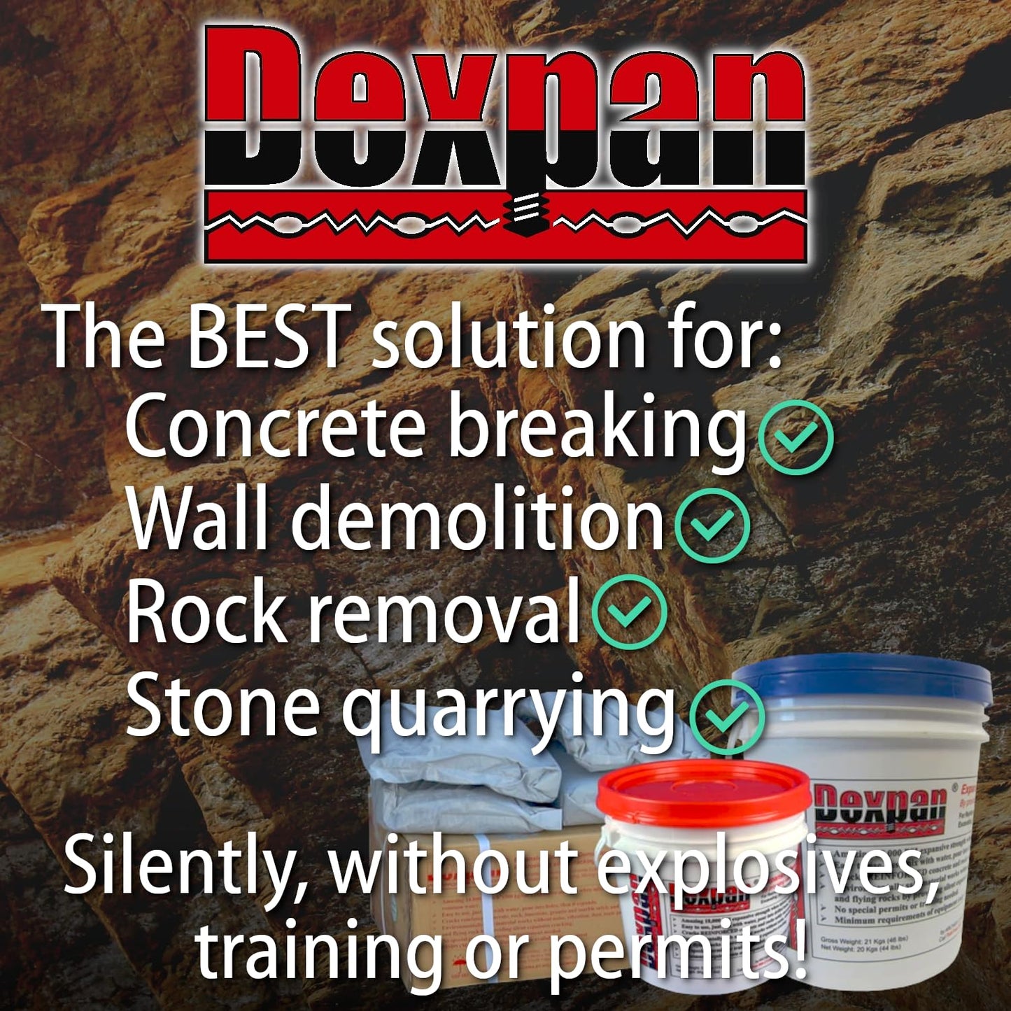 Dexpan Expansive Demolition Grout 44 Lb. Box for Rock Breaking, Concrete Cutting, Excavating. Alternative to Demolition Jack Hammer Breaker, Jackhammer, Concrete Saw, Rock Drill (DEXPAN44BOX2) (50F-77