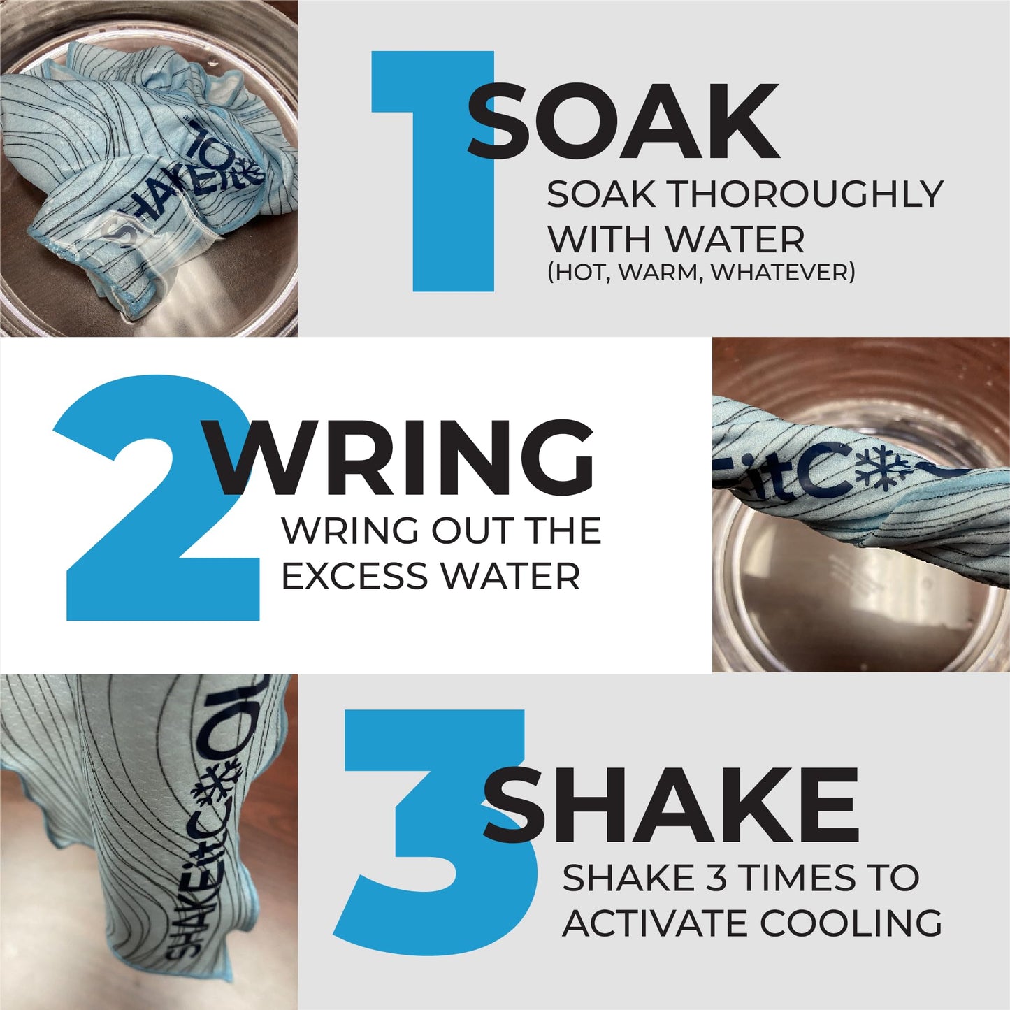 SHAKEitCOOL Original Cooling Towel – Be Cool in Style - Heat Relief, Soft, Lightweight, Sun Protection, Easy Clean - Perfect for Biking, Running, Yoga, Gym, Gardening - Blue Wave