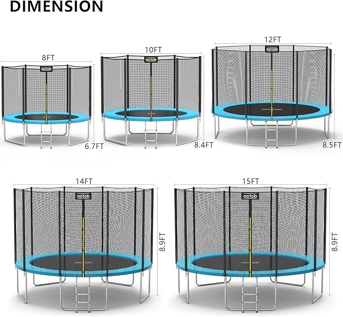AOTOB 8FT 10FT 12FT 14 FT 15FT Trampoline with Safety Enclosure Net，Outdoor Trampoline with Basketball Hoop, Heavy Duty Jumping Mat and Spring Cover Padding for Kids and Adults, Storage Bag and Ladder