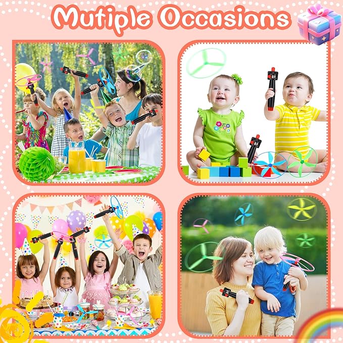 12 Pcs Flying Saucer Flying Disc Toy Helicopter Toy Disco Flyers Include 4 String Launchers and 8 Flying Saucer Flying Disc Launcher Flying Toys Little Teens Outdoor Activity Birthday Favors