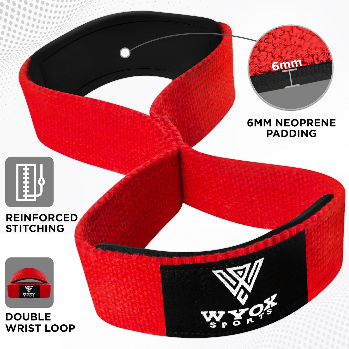 WYOX Figure 8 Weight Lifting Straps for Weightlifting Heavy Duty Deadlifting Workout Straps | Wrist Wraps Gym Equipment Gear Men Women PAIR (Red, Standard)