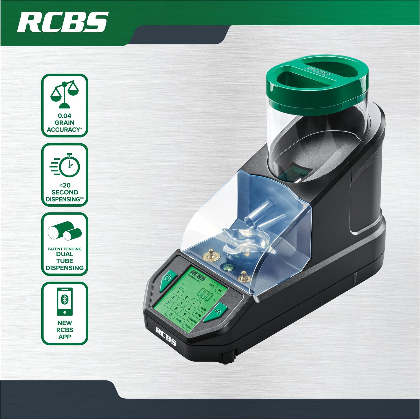 RCBS MatchMaster Powder Dispenser – Dual Tube Technology – 0.04 Grain Accuracy – Black/Green