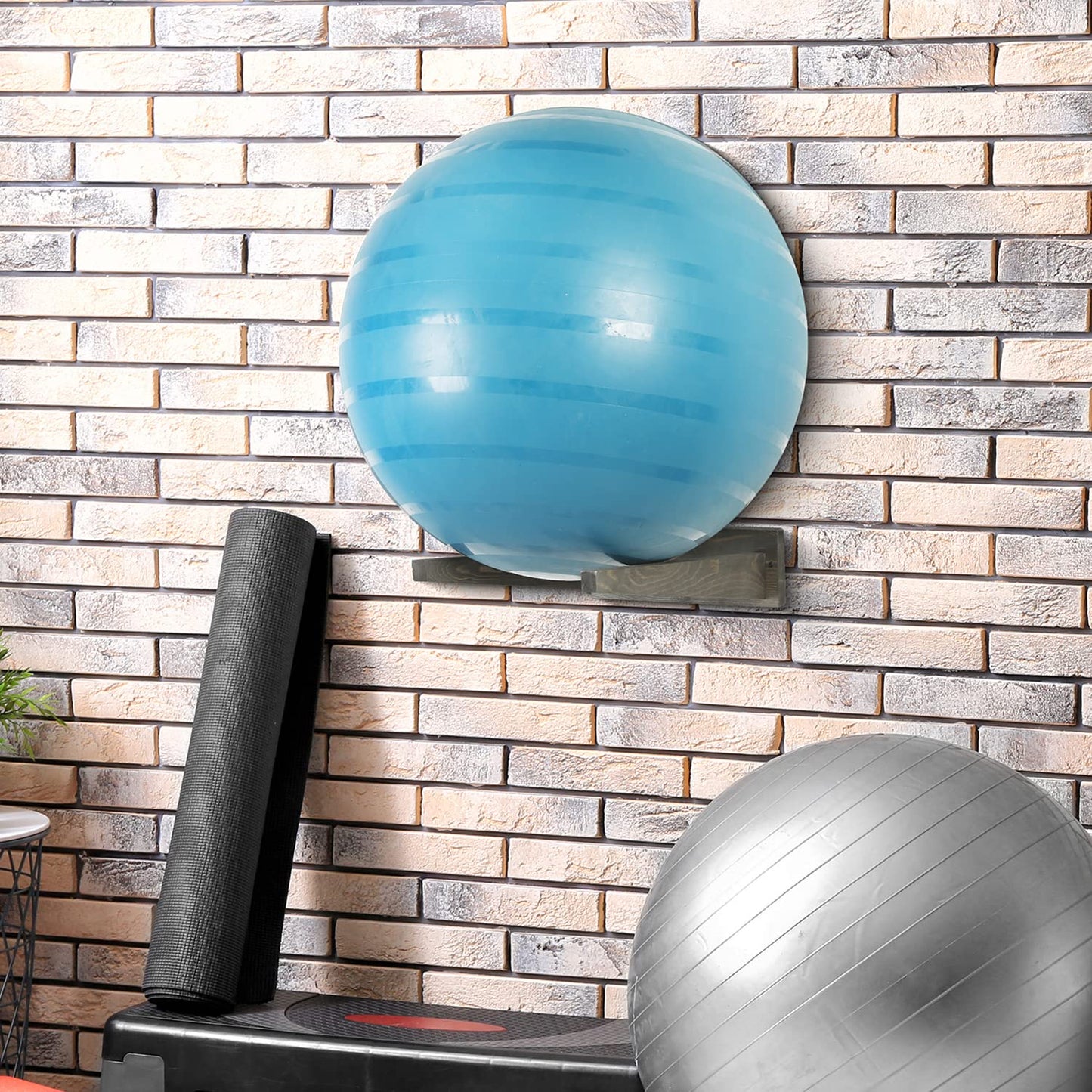 MyGift Stability Ball Storage Rack, Weathered Gray Wood Large Wall Mounted Yoga Studio and Home or Commercial Gym Exercise Ball Equipment Organizer