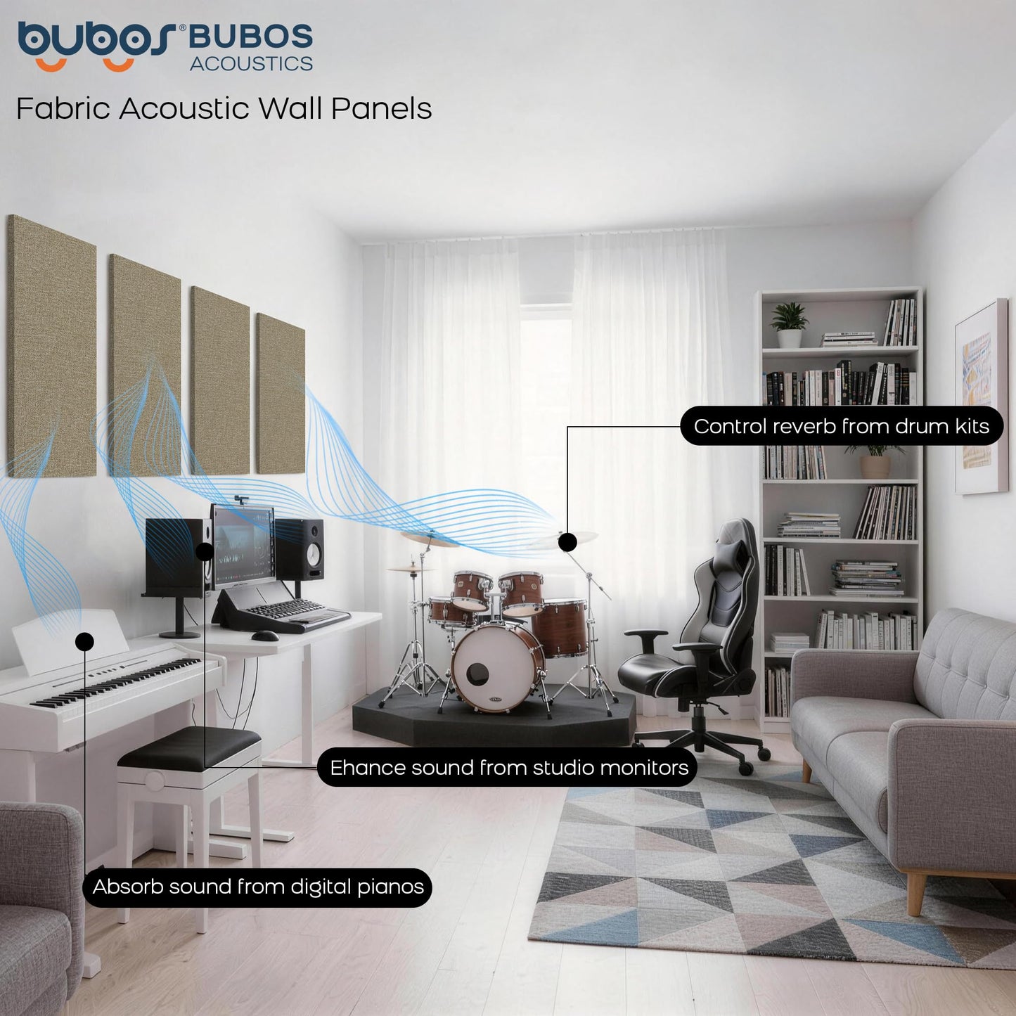BUBOS 4 PCS Fabric Acoustic Panels, 23.6''x11.8''x1'' Self-Adhesive Soundproofing Panels for Home Studio, Office & Living Room, Sleek Design to Eliminate Echo,Fabric-Clad Jute