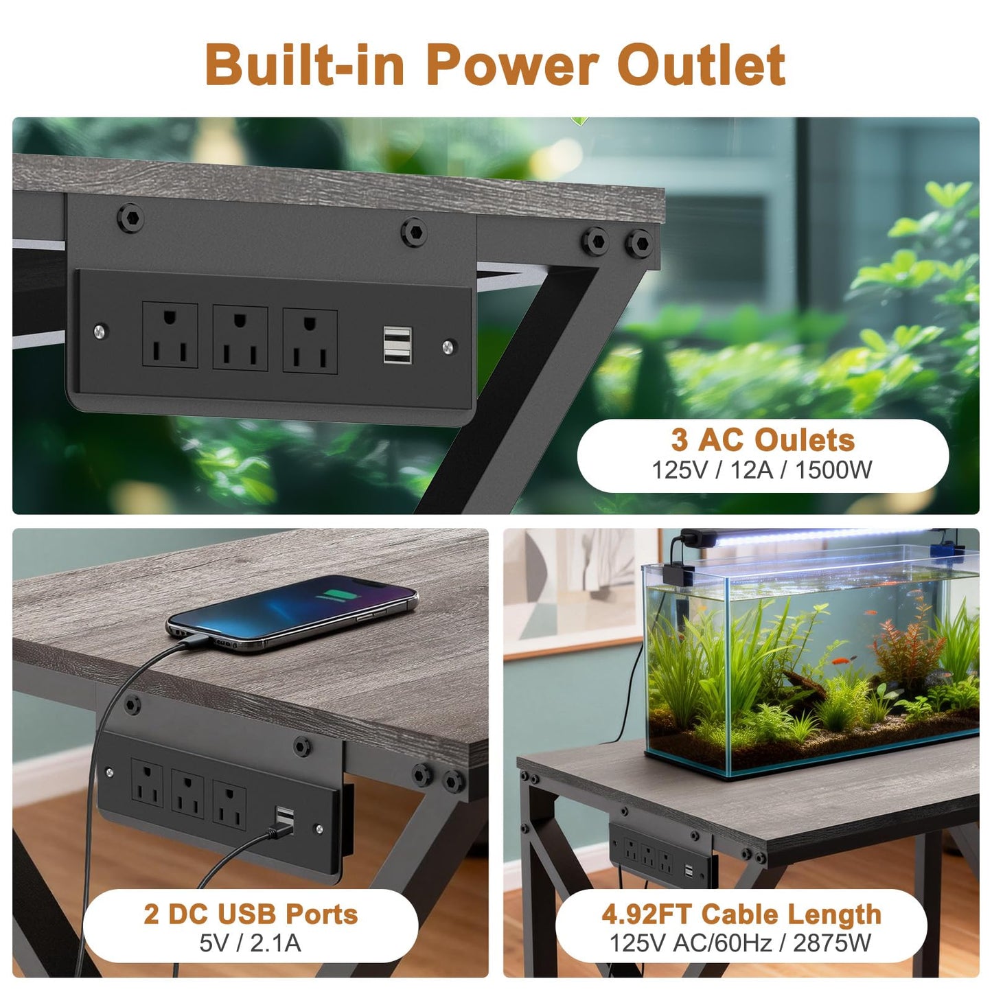 fishkeeper Heavy Duty Metal 50 Gallon Aquarium Stand with Charging Station, 2-Tier Storage Shelves with USB Ports and Outlets, 720LBS High Load Capacity Fish Tank Stand for Reptile/Turtle/Breeder Tank Stand