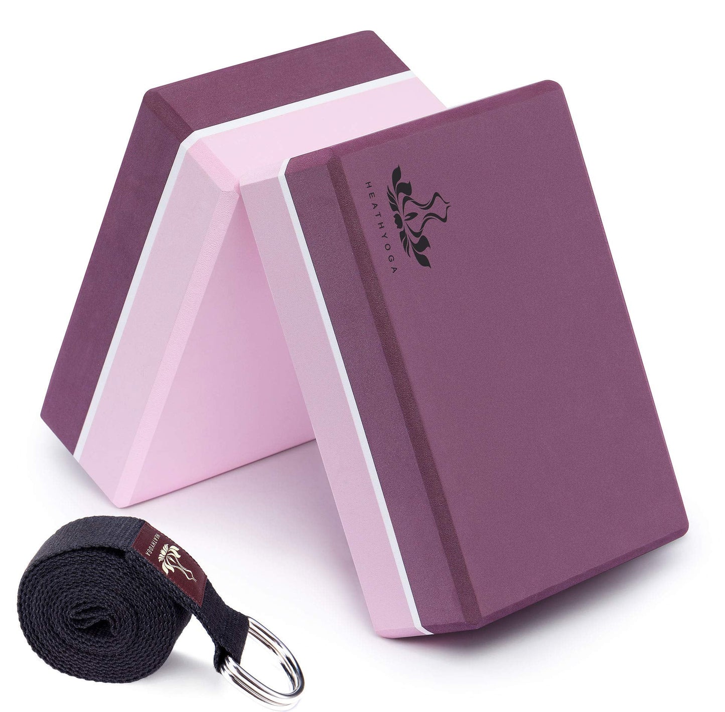 Heathyoga Yoga Blocks 2 Pack with Strap, High Density EVA Foam Yoga Block and Yoga Strap Set to Support and Improve Poses and Flexibility (Purple)
