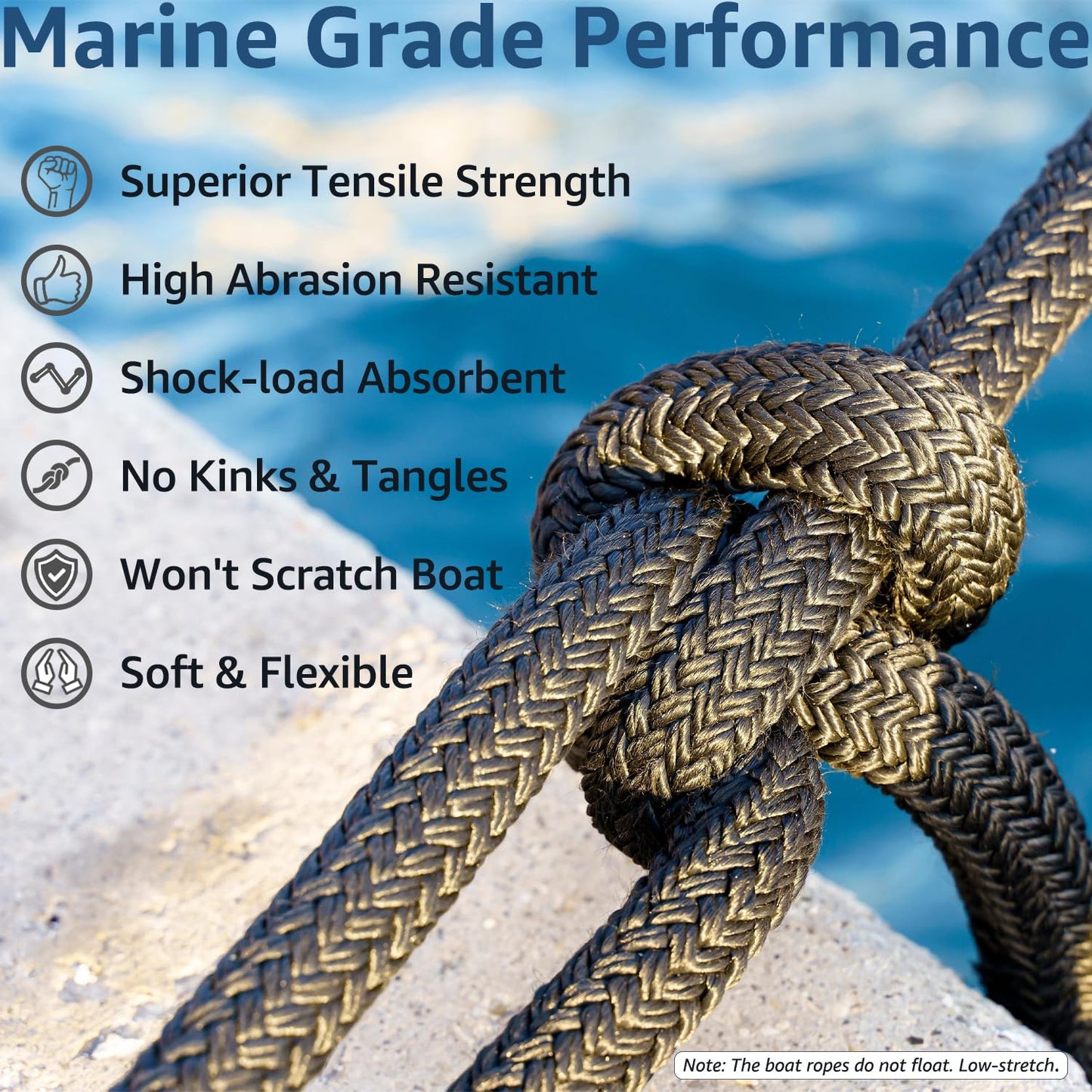 PACTHSD 2 Pack 3/4" x 15' Dock Lines - Marine Grade Nylon Boat Rope with 15" Loop for Docking and Mooring - Double Braided Boat Lines, High Strength, Easy Handling, Fray Resistant - Black