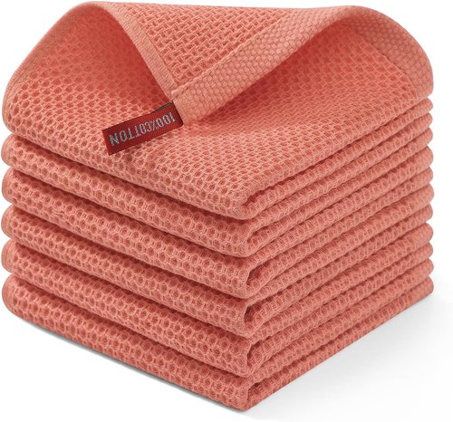 Homaxy Kitchen Dish Cloths - 100% Cotton Waffle Weave, Ultra Soft & Absorbent, 12x12 Inches, 6-Pack | Coral