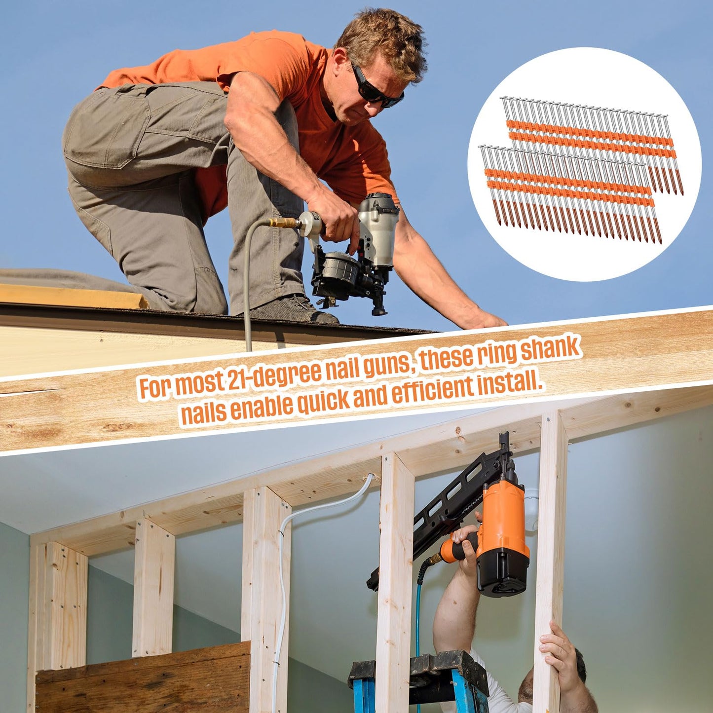 MorningRo 3000 Counts Hot Dipped Galavanized Framing Nails, 3 x 0.12 Inch, 21 Degree Round Head, Ring Shank for Use in All Pressure Treated Lumber