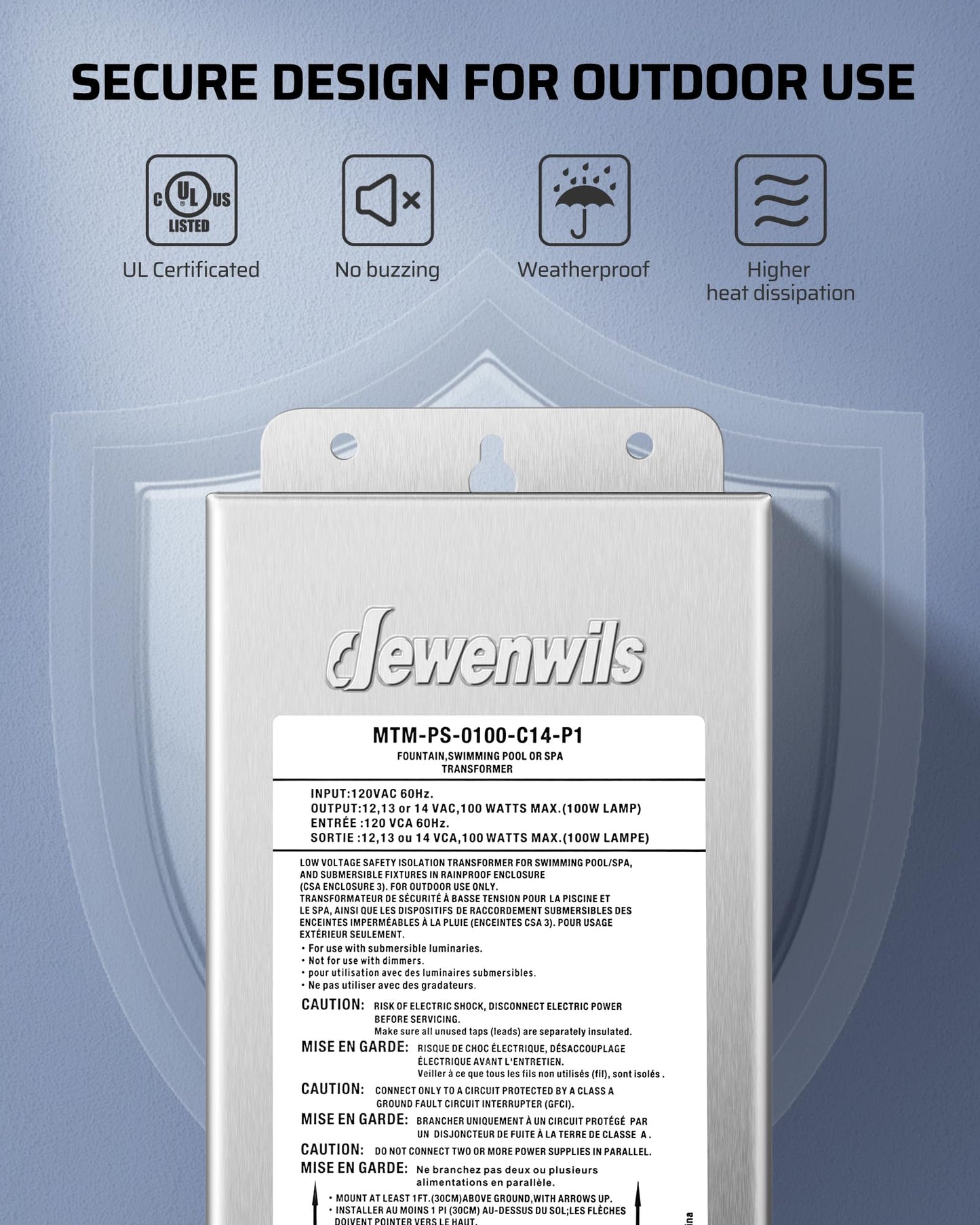 DEWENWILS Low Voltage Pool Light Transformer, 120V AC to 12V/13V/14V AC, Multi-tap Safety Transformer