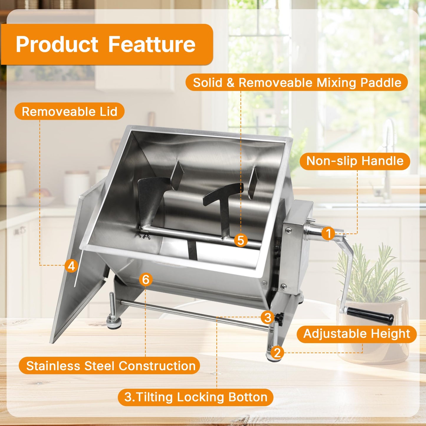 Hakka 30lb/15L Commercial Meat Mixer, Stainless Steel 20L Tilt Tank Manual Meat Mixer for Sausage (Mixing Max.30lb/15L for Meat)