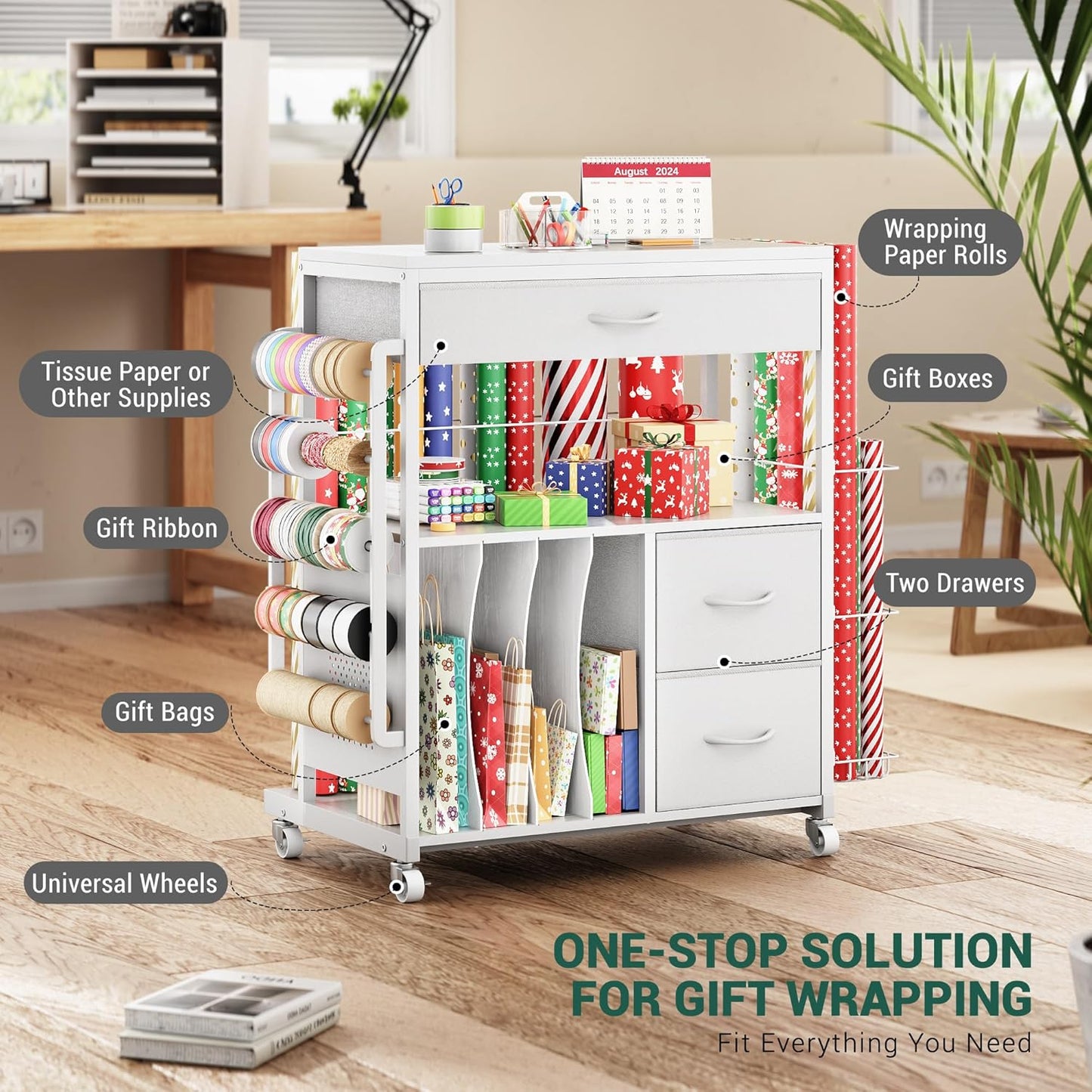 PUNLUXU Wrapping Paper Storage Cart - Rolling Gift Wrap Station with Ribbon & Gift Bag Organizer