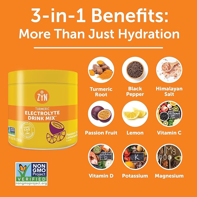 ZYN Electrolyte Hydration Drink Mix (30 Servings), Passionfruit Lemonade Electrolytes Powder, Hydrating Formula w/Turmeric Curcumin, Vitamin C & D, Zinc, Electrolyte Support Drink Mix
