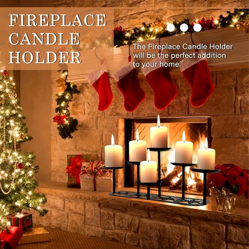 Fireplace Candelabra | Matte Black Metal Candle Holder with 6 Stands for Pillar Candles - Elegant Mantle Decor