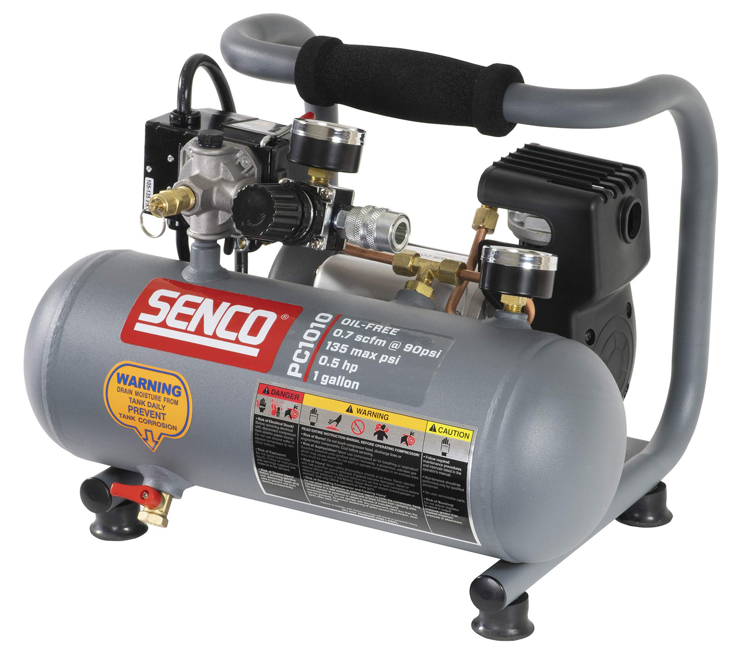 Senco PC1010 1/2- Horsepower 1-Gallon Matte Finish and Trim Portable Hot Dog Air Compressor, Gray/Red & Campbell Hausfeld 25' Air Hose (PA117701AV)