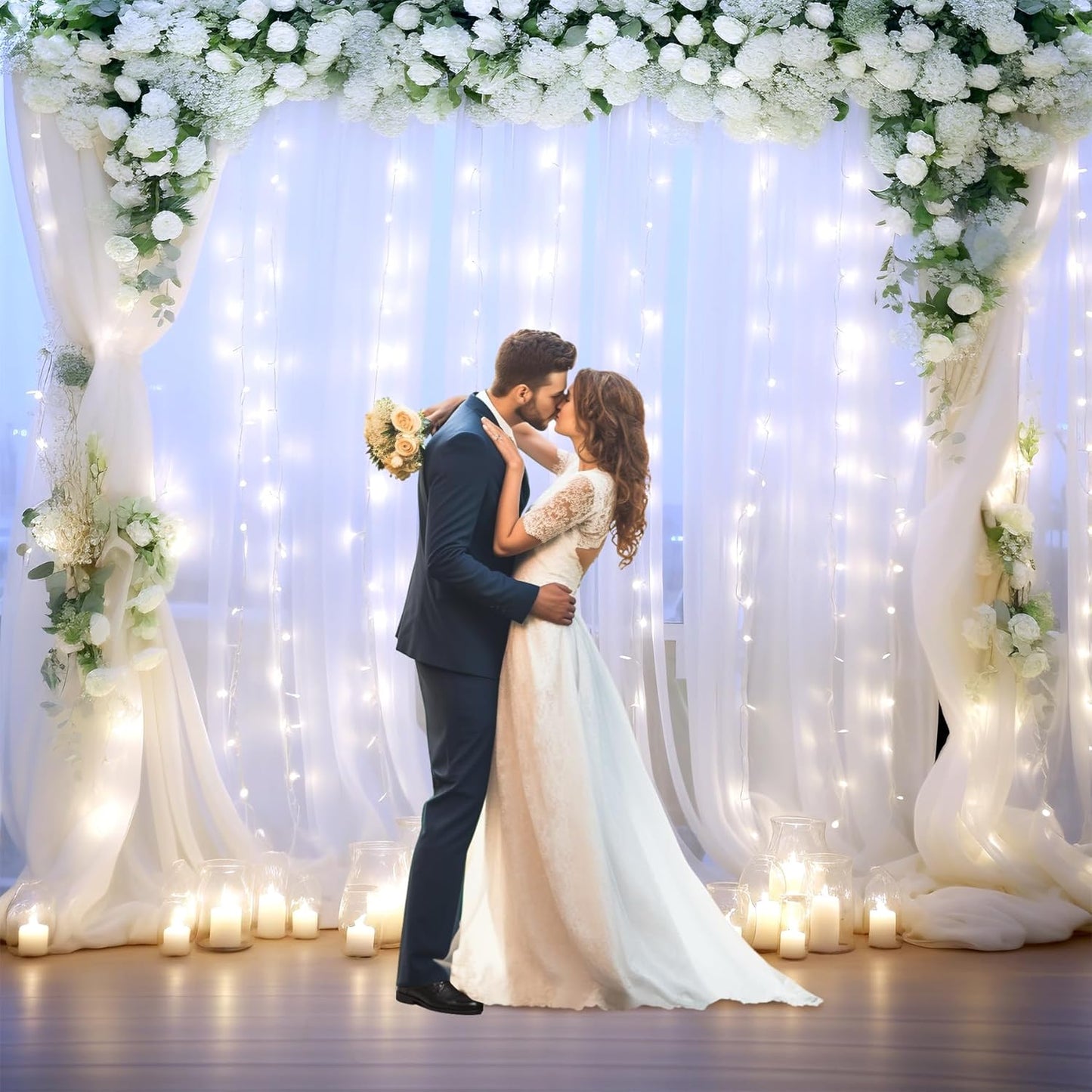 Suppromo 108ft Decorations(2 10ft8ft) White Tulle Backdrop Curtain with Lights String for Parites Sheer Backdrop