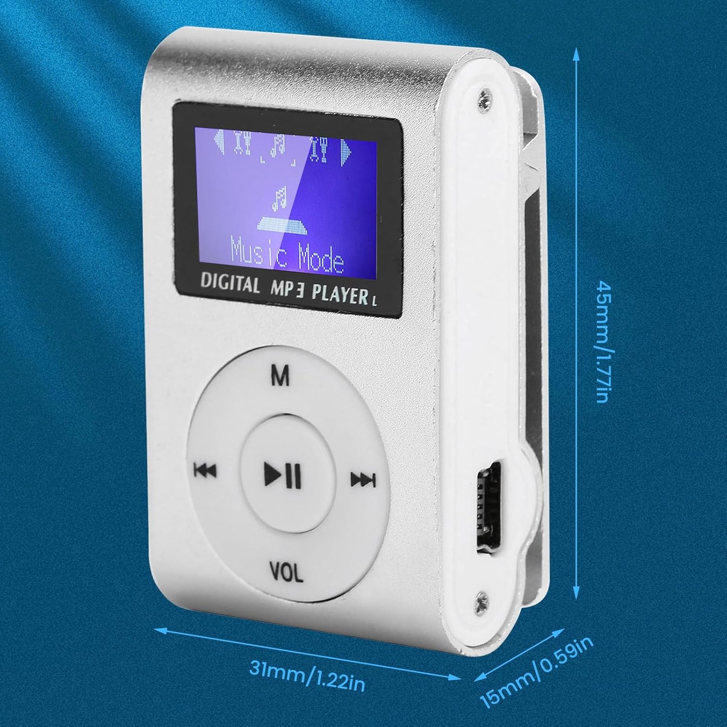 SALALIS MP3 32GB Music Player with Clip, USB & LCD Screen, Supports Memory Card, Earphone & USB Cable (Silver)