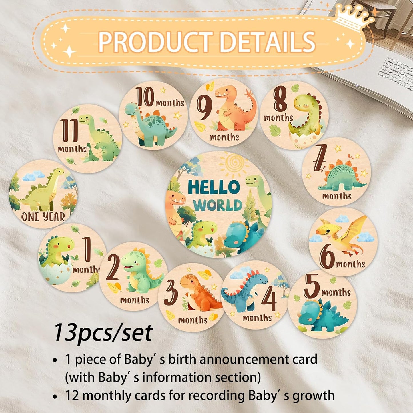13Pcs Set Baby Monthly Milestone Cards Sign - Double Sided Dinosaur Milestone Cards, Dino Pattern Wooden Circles Discs