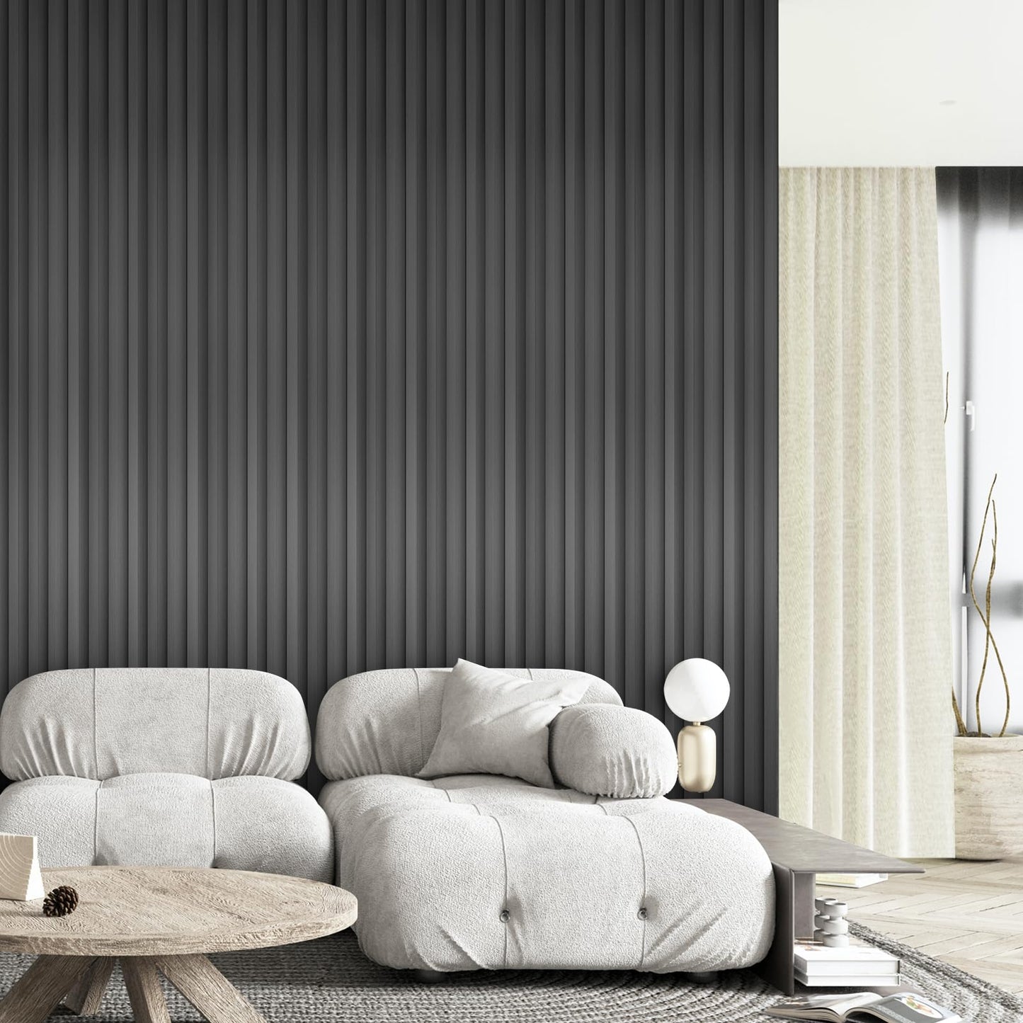 OUZUGIE WPC Acoustic Slat Wall Paneling, 8-Pack 96 x 6 Inches 3D Wall Panels for Interior Wall Decor,Living Room,TV Background,Study Room,Non-Metal Laths,High Grille (Metallic Dark Gray)