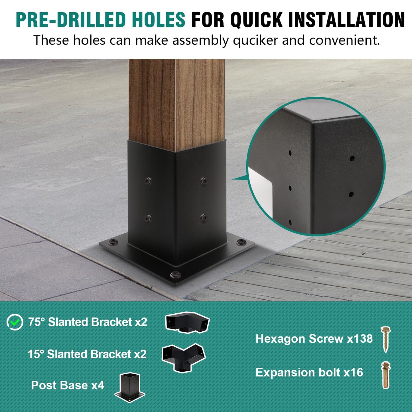 HAYOHRT 15° Pergola Brackets 75° Corner Bracket with Post Base Gazebo Kit for 4x4'' (Actual 3.5x3.5 in) Wooden Beams Lumber Gazebos Patio Pergola Sheds