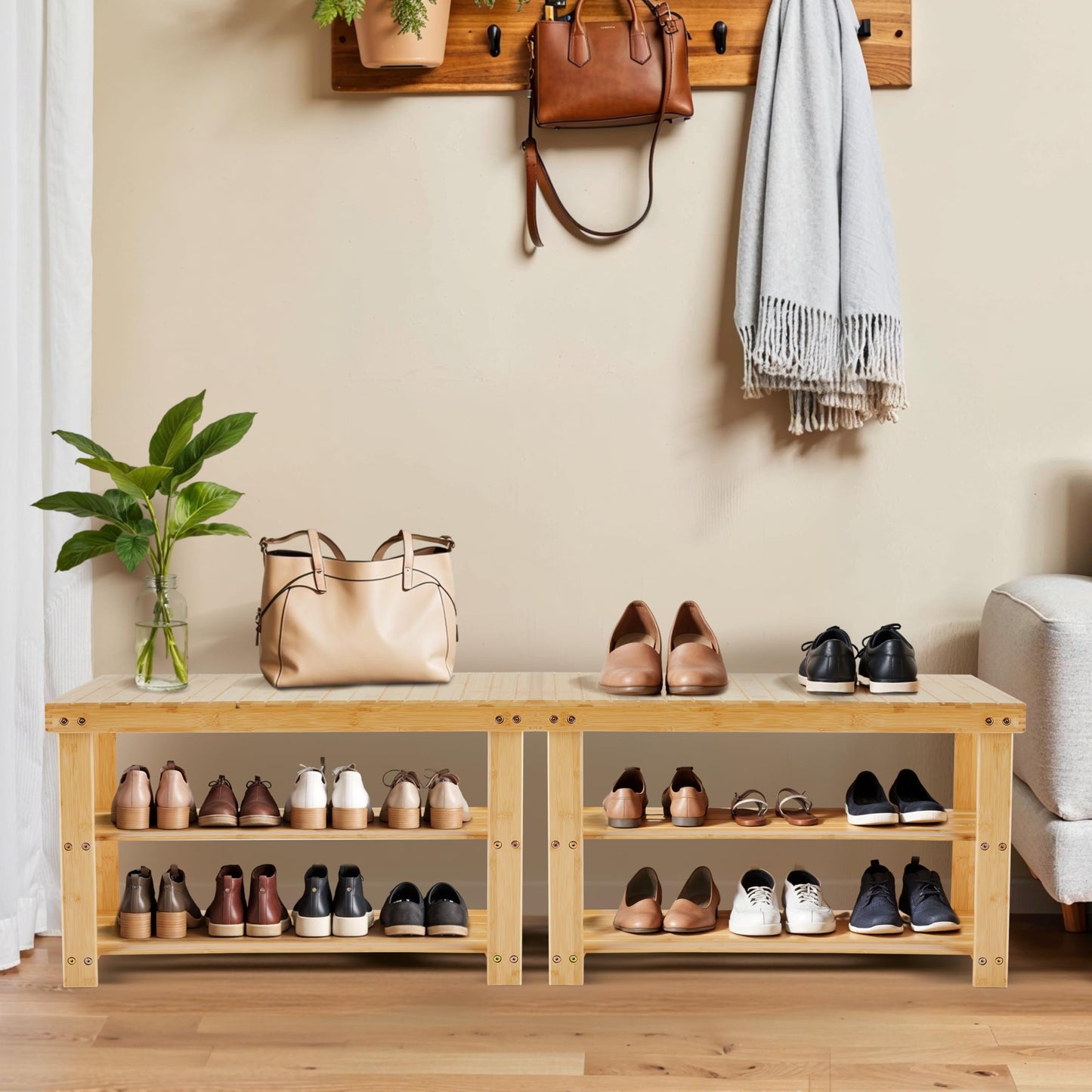 Simple Deluxe Shoe Rack Bench, 3-Tier Bamboo Storage Organizer, 286lb Capacity Entryway Bench for Front Door, Bedroom, Living Room, Bathroom, Balcony, Stylish Shoes Wood (11.3 x 27.6 x 17.8 Inches)