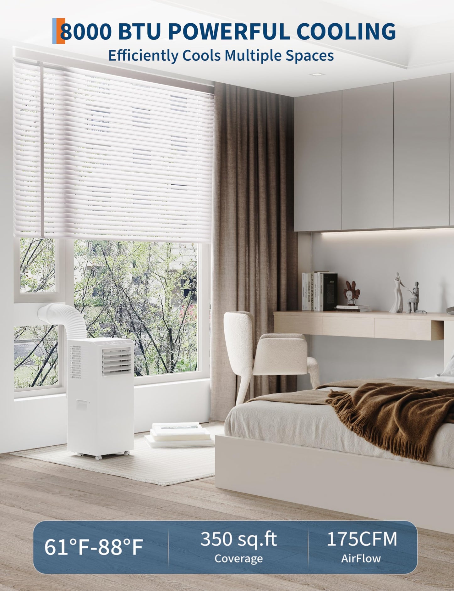 GarveeLife 8,000 BTU Portable Air Conditioners - Smart AC Units Cold Air System Quiet Cooling within 350 sq.ft with Remote Control 24H Timer/Dry/Fan Modes Drain-Free Window Installation Kits