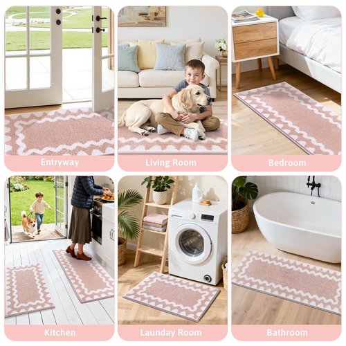 Findosom Bathroom Rugs Sets 5 Piece, Absorbent Soft Non-Slip Washable Microfiber Shaggy Bath Mat Set with Bathroom Runner Rug, U-Shaped Toilet Rugs, Shower Rug & Toilet Lid Cover, Pink-White
