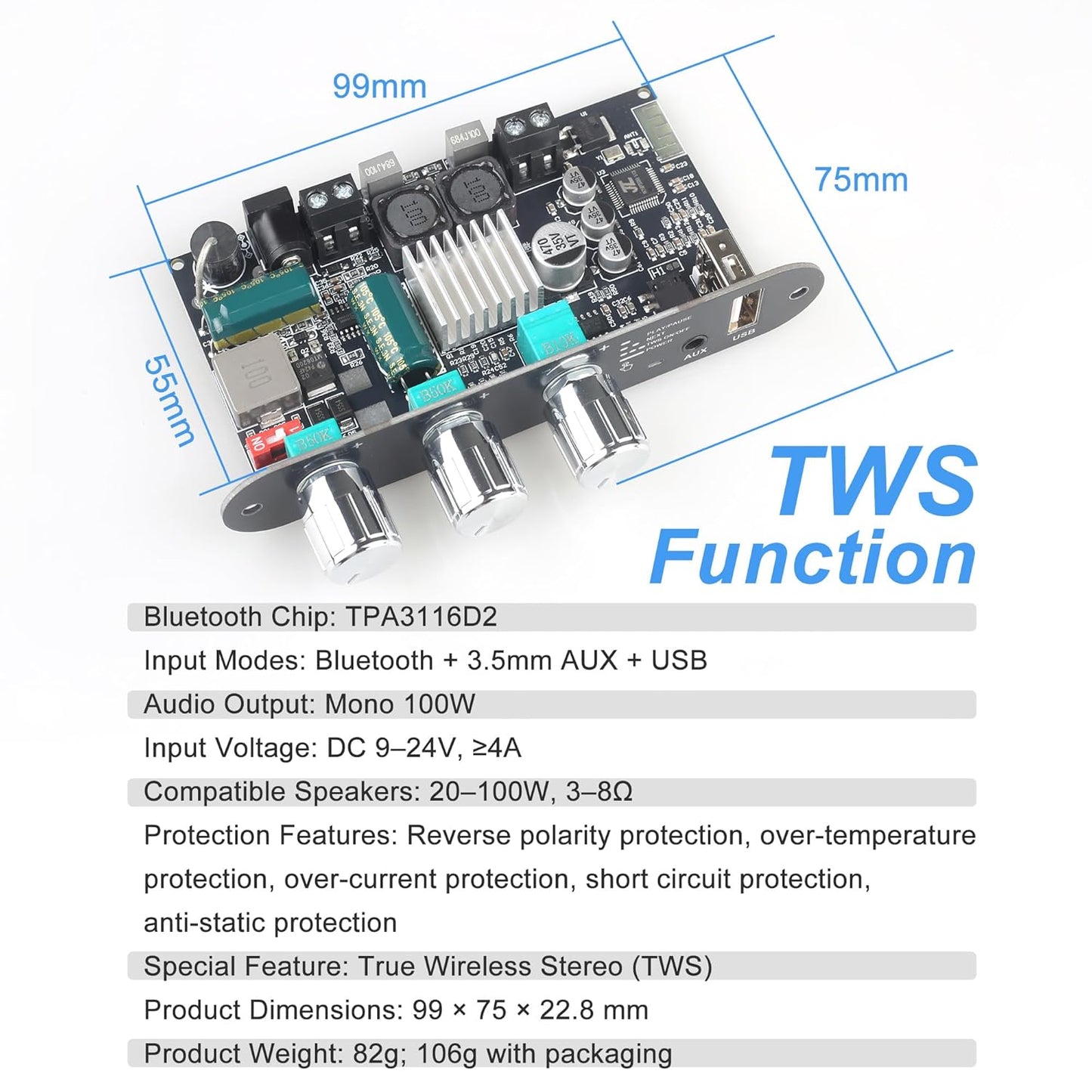 Wuzhi Audio 2PCS ZK-1001U 100W 9-24V, Mono Amplifier Board with TWS, Power Output, Vehicle Amplifier Wide Voltage Input