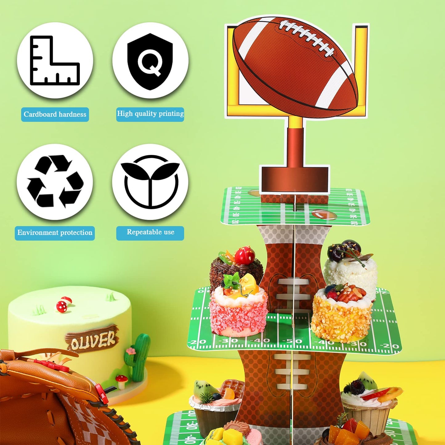 Nuenen Football Theme Party Cupcake Stand Decorations, 3 Tier Cupcake Concession Tower Sports Theme Birthday Dessert Stand Holder for Sports Tailgate Party Supplies Decoration (Football)