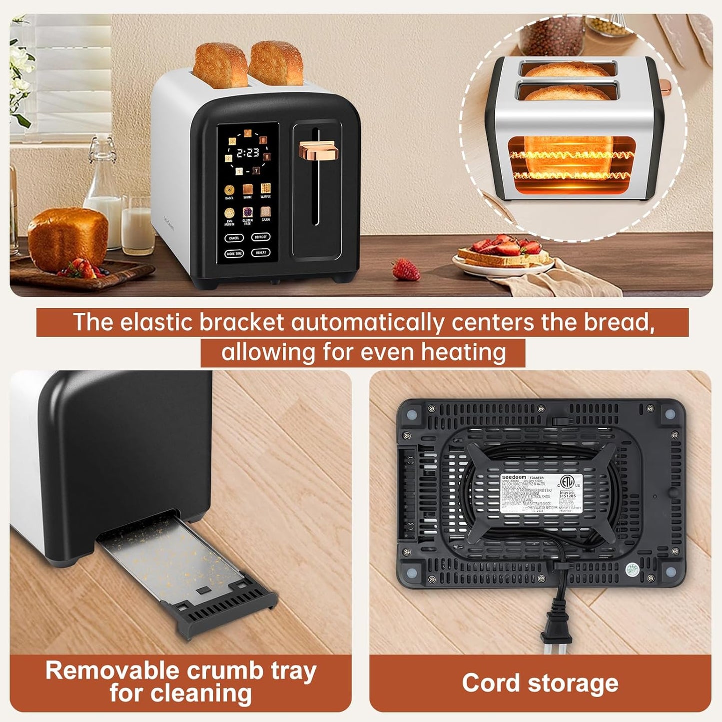 SEEDEEM 2-Slice Toaster - Touch Screen, 7 Shade Settings, 1.5” Wide Slots, Dark Chocolate Finish