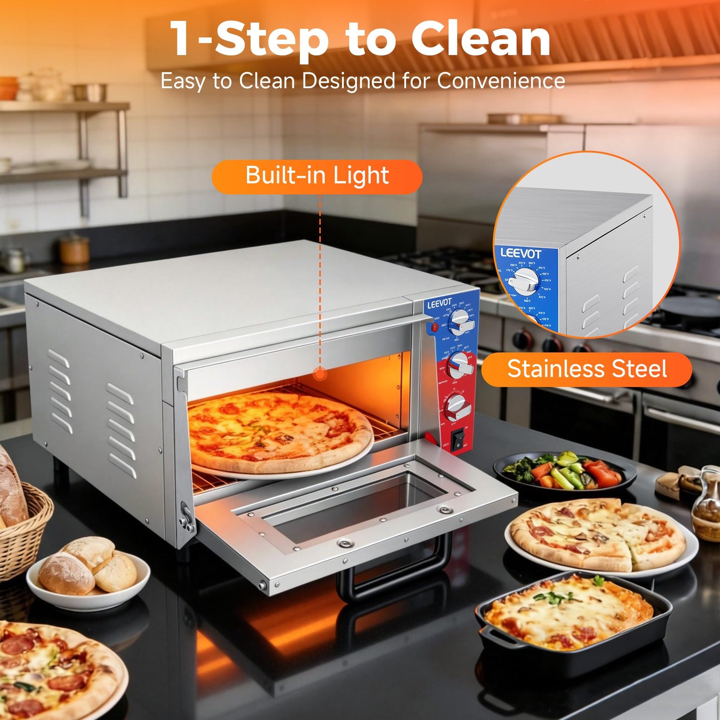 LEEVOT 16" Single-Deck Commercial Pizza Oven | 1800W Countertop Electric Pizza Maker with Timer & Ceramic Stone | ETL Certified 120V for Restaurant, Food Truck, Home Kitchen