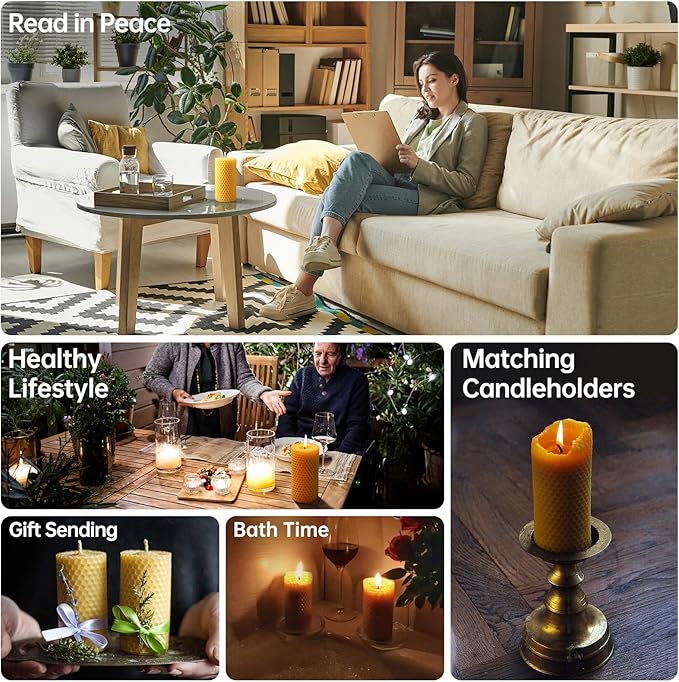 6 Packs Natural Beeswax Candles, Hand Rolled Honeycomb Beeswax Pillar Candles, Pure Bee Wax Gifts for Candle Lovers,Home Decor, Air Purify (2x4 in)