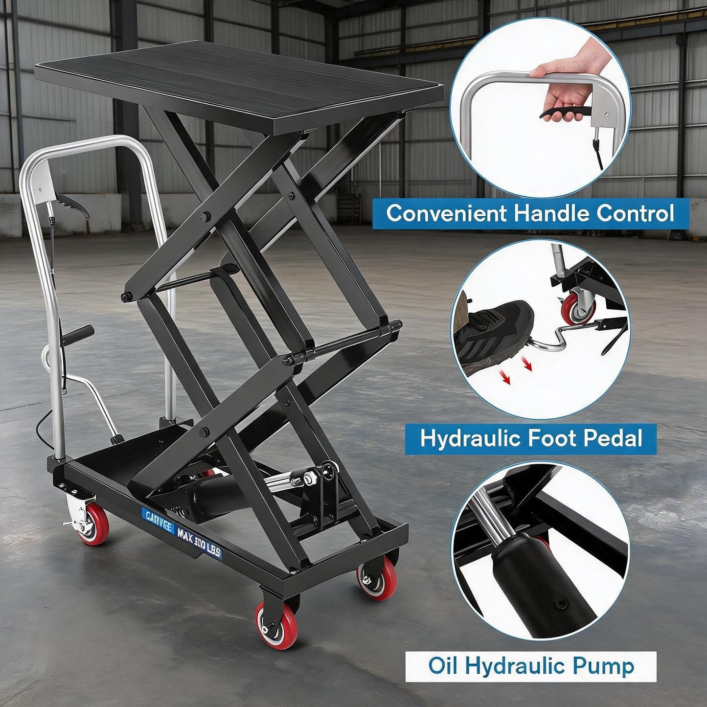 Garvee Hydraulic Lift Table Cart, 770 LBS Capacity 50 in Lifting Height, Double Scissor Lift Table with 4 Wheels and Non-Slip Pad for Material Handling and Transportation, Black