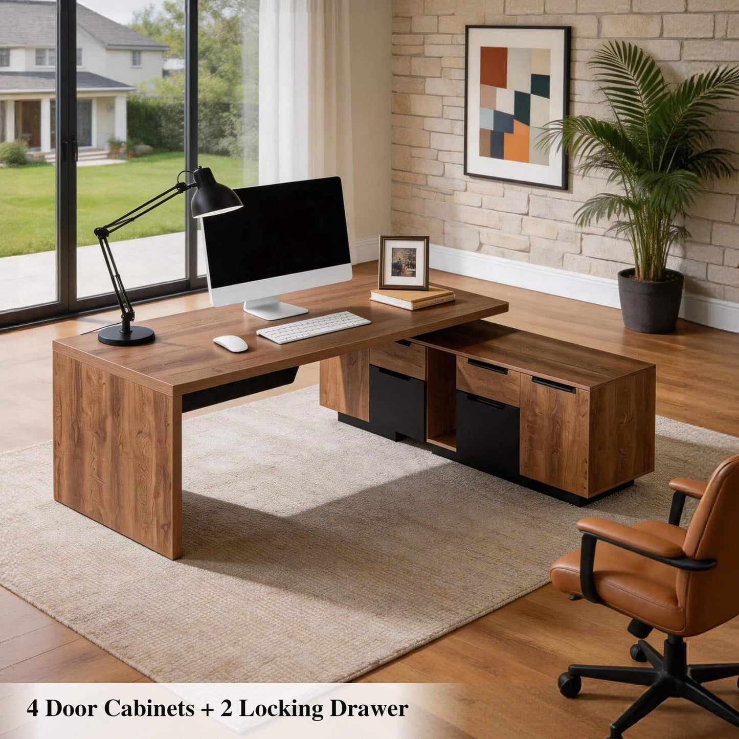 ONNAHOMEStlyle L Shaped Desk with File Drawer, Solid Wood Large Executive Desk for Home Office, Adjustable Width (86.6" to 94.5"), Storage Cabinet & 2 Drawers, Right Return