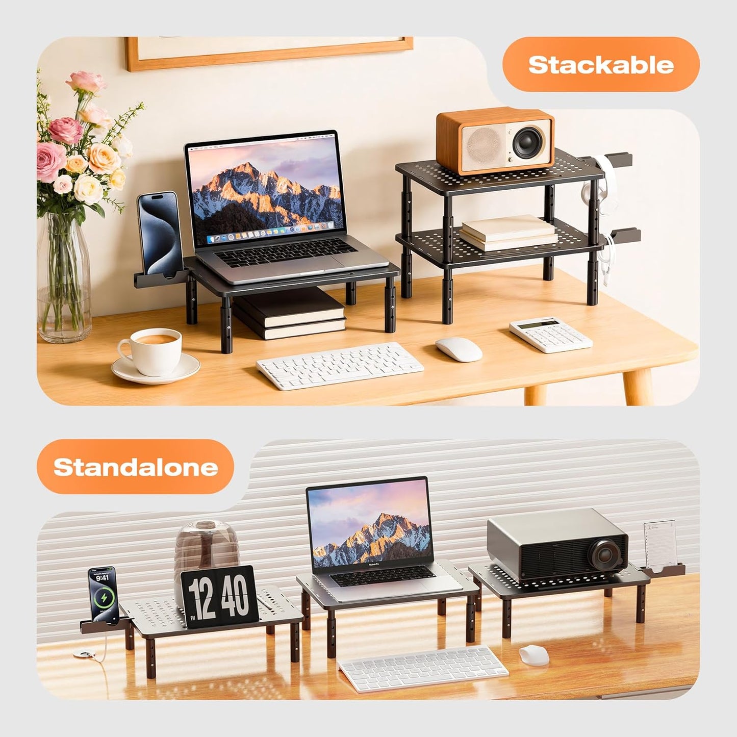 3 2 Pack Computer Monitor Stand Riser for Desk, Height Adjustable PC Laptop TV Desktop Monitor Stand Shelf, Metal