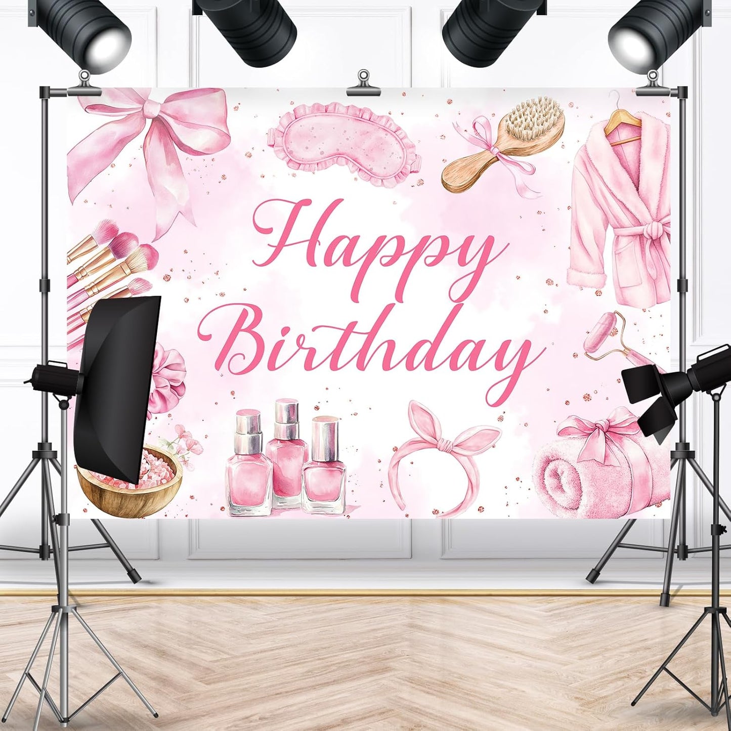 Bcuuipo 7x5ft Spa Party Happy Birthday Backdrop Pink Beauty Makeup Slumber Pajama Sleepover Background for Girls