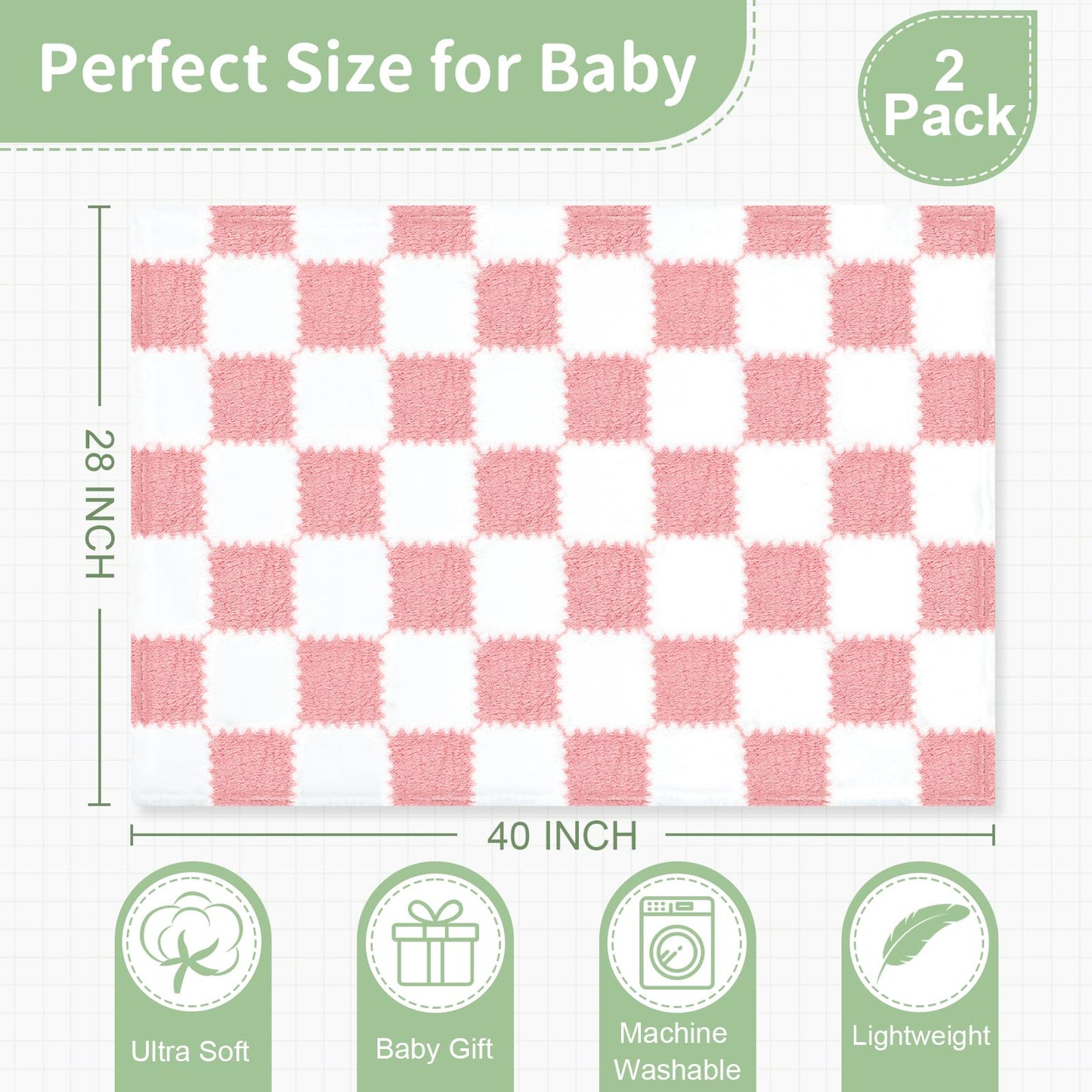Checkered Baby Blanket for Girls, 2 Pack Soft Baby Girl Blankets, Small 28 x 40 inches Toddler Fleece Blanket, Essentials Crib Stroller Items, Newborn Gift (Pink)