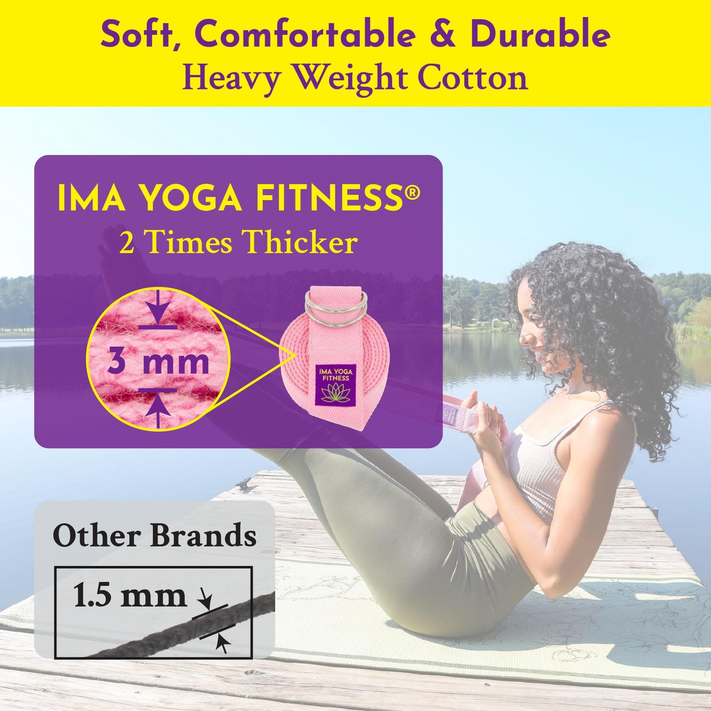 Ima Yoga Fitness - Adaptive Yoga Strap, Yoga Stretching Strap, Extra-Wide 2 Inches, 100% Naturally Soft Cotton, Steel D-Rings, Includes 100% Natural Cotton Storage Pouch (Pink, 8 feet)